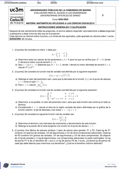 Vista previa de Examen PAU de Matemáticas CCSS de Comunidad de Madrid 2024 – Extraordinaria General