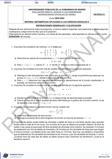 Vista previa de Modelo PAU de Matemáticas CCSS de Comunidad de Madrid 2024
