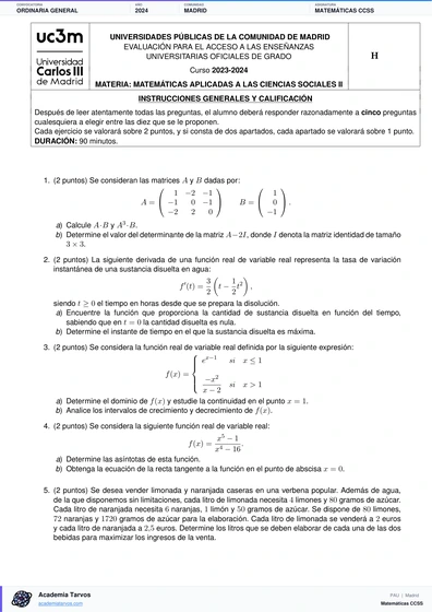 Vista previa de Examen PAU de Matemáticas CCSS de Comunidad de Madrid 2024 – Ordinaria General