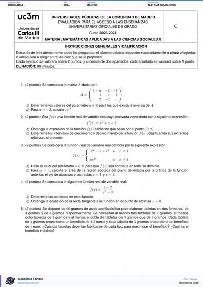 Vista previa de Examen PAU de Matemáticas CCSS de Comunidad de Madrid 2024 – Ordinaria