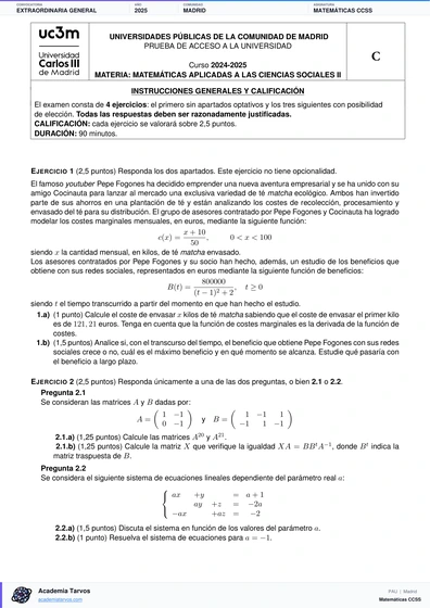 Vista previa de Examen PAU de Matemáticas CCSS de Comunidad de Madrid 2025 – Extraordinaria General