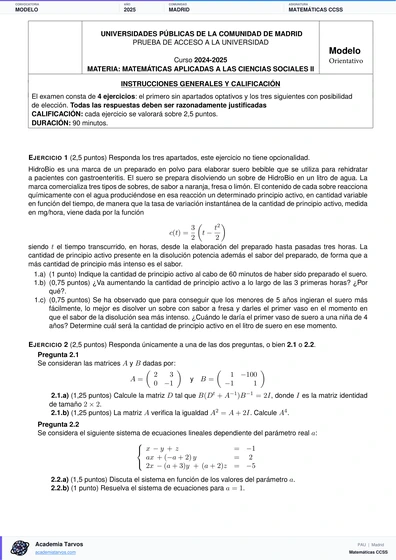 Vista previa de Modelo PAU de Matemáticas CCSS de Comunidad de Madrid 2025