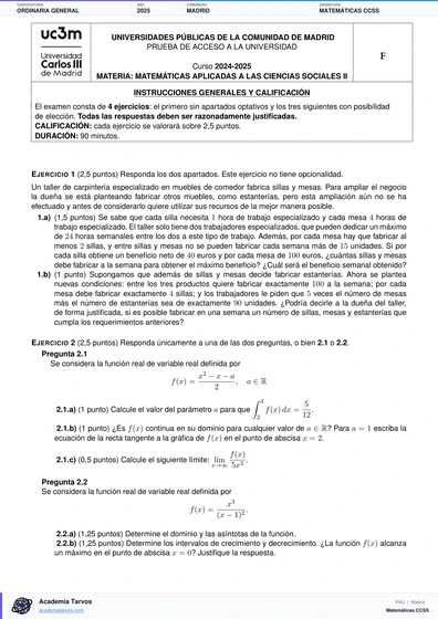 Vista previa de Examen PAU de Matemáticas CCSS de Comunidad de Madrid 2025 – Ordinaria General