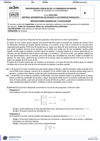 Vista previa de Examen PAU de Matemáticas CCSS de Comunidad de Madrid 2025 – Ordinaria
