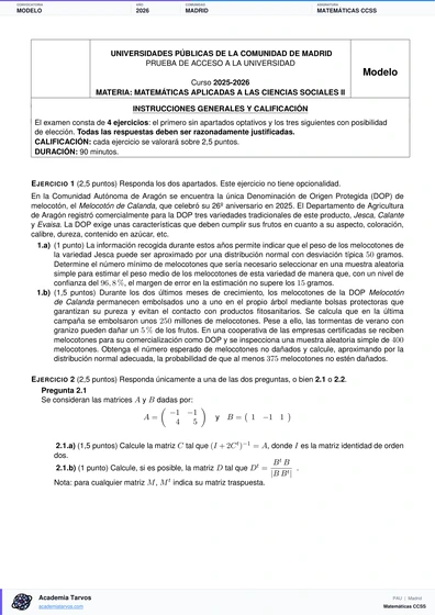 Vista previa de Modelo PAU de Matemáticas CCSS de Comunidad de Madrid 2026