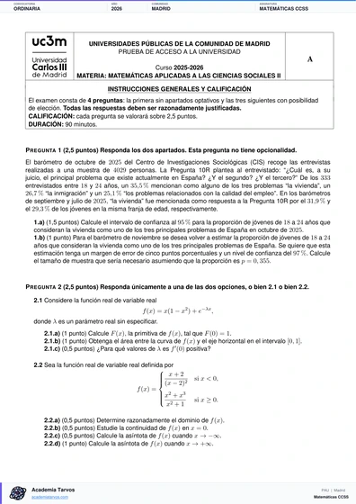 Vista previa de Examen PAU de Matemáticas CCSS de Comunidad de Madrid 2026 – Ordinaria