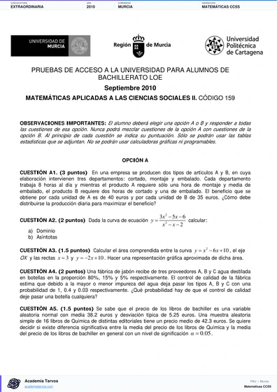 Vista previa de Examen PAU de Matemáticas CCSS de Región de Murcia 2010 – Extraordinaria