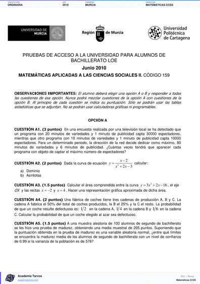 Vista previa de Examen PAU de Matemáticas CCSS de Región de Murcia 2010 – Ordinaria
