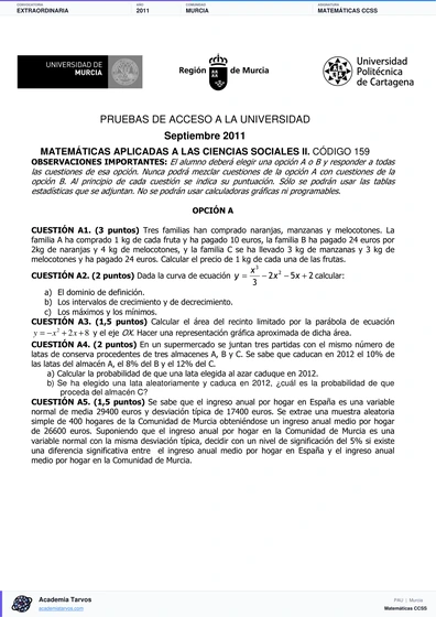 Vista previa de Examen PAU de Matemáticas CCSS de Región de Murcia 2011 – Extraordinaria