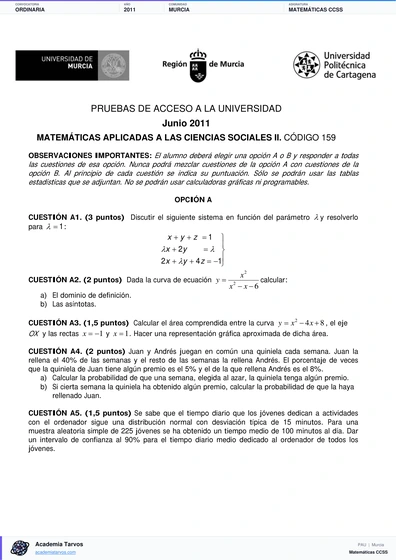 Vista previa de Examen PAU de Matemáticas CCSS de Región de Murcia 2011 – Ordinaria