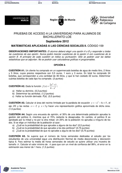 Vista previa de Examen PAU de Matemáticas CCSS de Región de Murcia 2012 – Extraordinaria