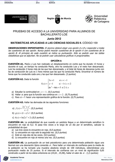 Vista previa de Examen PAU de Matemáticas CCSS de Región de Murcia 2012 – Ordinaria