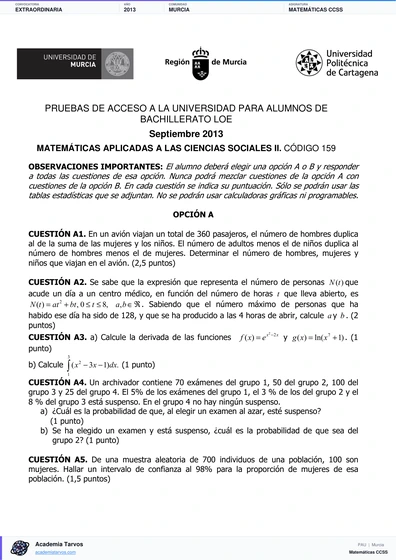 Vista previa de Examen PAU de Matemáticas CCSS de Región de Murcia 2013 – Extraordinaria