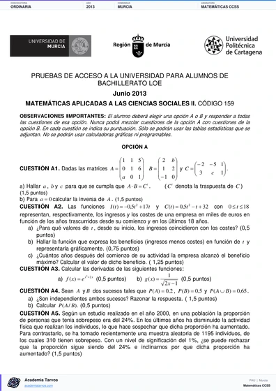 Vista previa de Examen PAU de Matemáticas CCSS de Región de Murcia 2013 – Ordinaria