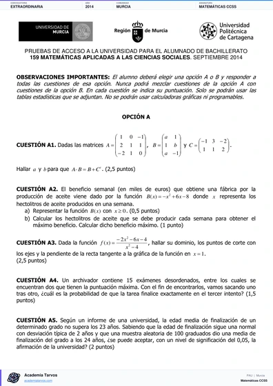 Vista previa de Examen PAU de Matemáticas CCSS de Región de Murcia 2014 – Extraordinaria