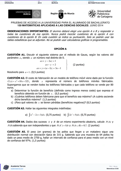 Vista previa de Examen PAU de Matemáticas CCSS de Región de Murcia 2014 – Ordinaria
