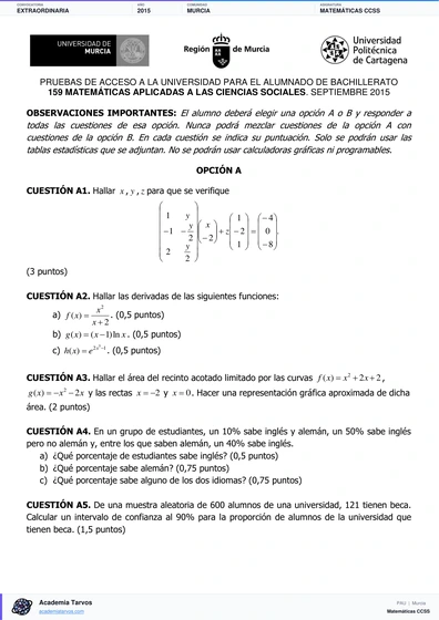 Vista previa de Examen PAU de Matemáticas CCSS de Región de Murcia 2015 – Extraordinaria