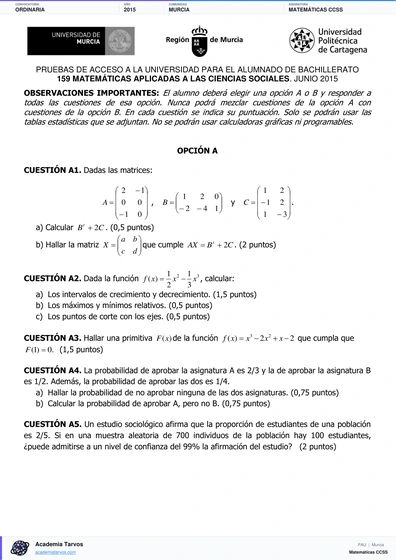 Vista previa de Examen PAU de Matemáticas CCSS de Región de Murcia 2015 – Ordinaria