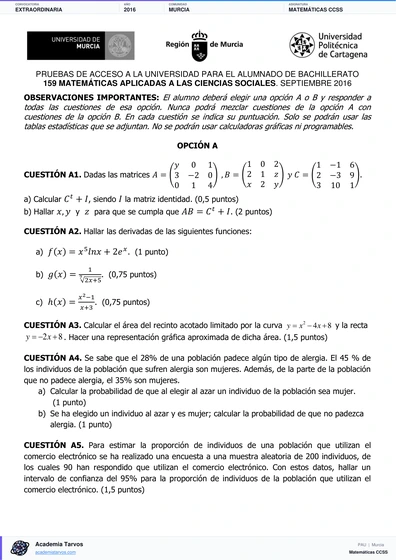 Vista previa de Examen PAU de Matemáticas CCSS de Región de Murcia 2016 – Extraordinaria