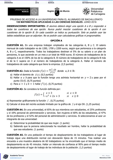 Vista previa de Examen PAU de Matemáticas CCSS de Región de Murcia 2016 – Ordinaria