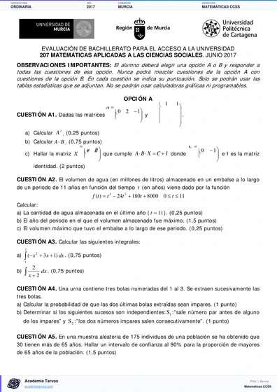 Vista previa de Examen PAU de Matemáticas CCSS de Región de Murcia 2017 – Ordinaria