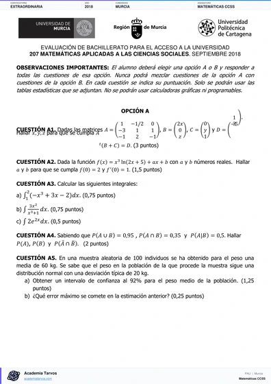 Vista previa de Examen PAU de Matemáticas CCSS de Región de Murcia 2018 – Extraordinaria