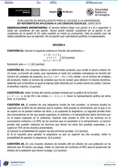 Vista previa de Examen PAU de Matemáticas CCSS de Región de Murcia 2018 – Ordinaria