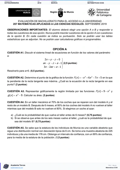 Vista previa de Examen PAU de Matemáticas CCSS de Región de Murcia 2019 – Extraordinaria