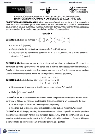Vista previa de Examen PAU de Matemáticas CCSS de Región de Murcia 2019 – Ordinaria