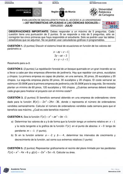 Vista previa de Examen PAU de Matemáticas CCSS de Región de Murcia 2020 – Ordinaria