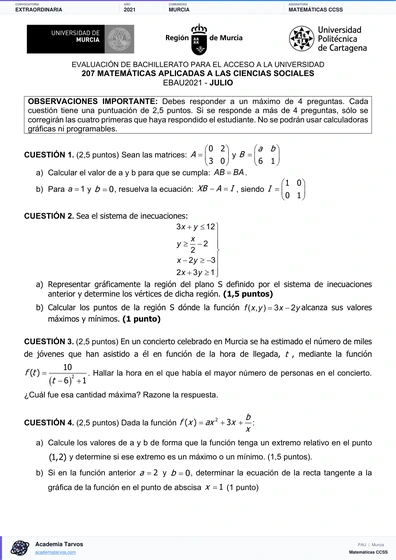 Vista previa de Examen PAU de Matemáticas CCSS de Región de Murcia 2021 – Extraordinaria
