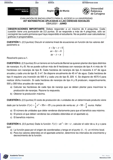 Vista previa de Examen PAU de Matemáticas CCSS de Región de Murcia 2021 – Ordinaria