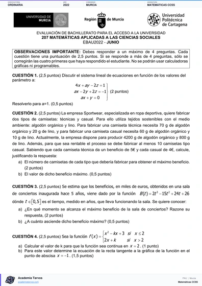 Vista previa de Examen PAU de Matemáticas CCSS de Región de Murcia 2022 – Ordinaria