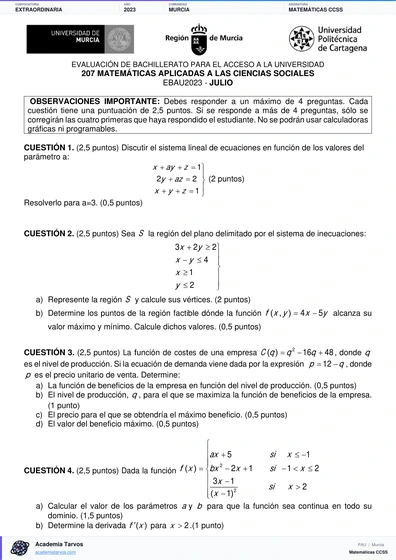 Vista previa de Examen PAU de Matemáticas CCSS de Región de Murcia 2023 – Extraordinaria