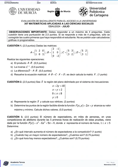 Vista previa de Examen PAU de Matemáticas CCSS de Región de Murcia 2024 – Extraordinaria