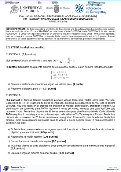 Vista previa de Examen PAU de Matemáticas CCSS de Región de Murcia 2025 – Extraordinaria