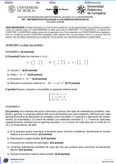 Vista previa de Examen PAU de Matemáticas CCSS de Región de Murcia 2025 – Ordinaria