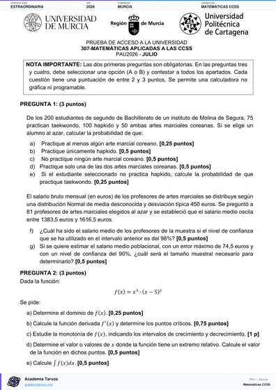 Vista previa de Examen PAU de Matemáticas CCSS de Región de Murcia 2026 – Extraordinaria