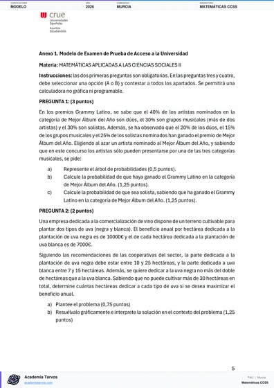 Vista previa de Modelo PAU de Matemáticas CCSS de Región de Murcia 2026