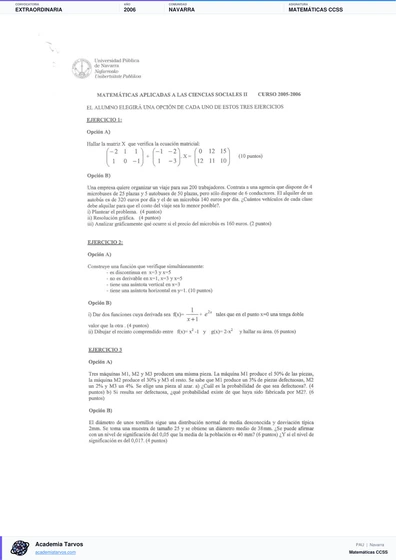 Vista previa de Examen PAU de Matemáticas CCSS de Navarra 2006 – Extraordinaria