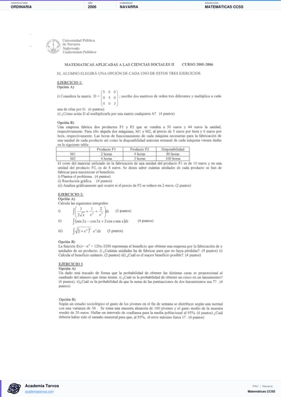 Vista previa de Examen PAU de Matemáticas CCSS de Navarra 2006 – Ordinaria