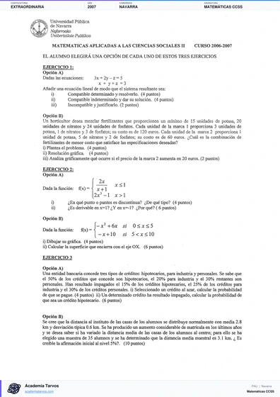 Vista previa de Examen PAU de Matemáticas CCSS de Navarra 2007 – Extraordinaria