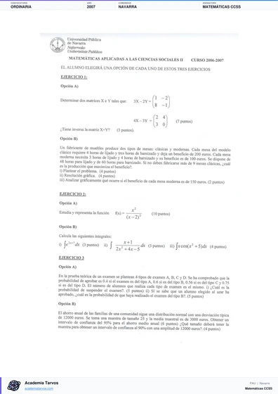 Vista previa de Examen PAU de Matemáticas CCSS de Navarra 2007 – Ordinaria