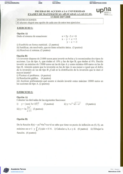 Vista previa de Examen PAU de Matemáticas CCSS de Navarra 2008 – Extraordinaria