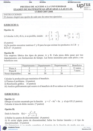 Vista previa de Examen PAU de Matemáticas CCSS de Navarra 2008 – Ordinaria