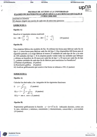Vista previa de Examen PAU de Matemáticas CCSS de Navarra 2009 – Extraordinaria