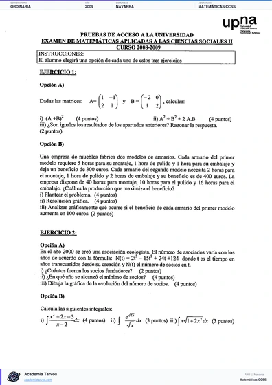 Vista previa de Examen PAU de Matemáticas CCSS de Navarra 2009 – Ordinaria