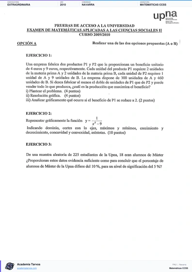 Vista previa de Examen PAU de Matemáticas CCSS de Navarra 2010 – Extraordinaria