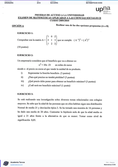 Vista previa de Examen PAU de Matemáticas CCSS de Navarra 2010 – Ordinaria