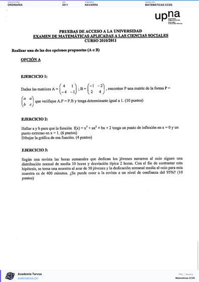Vista previa de Examen PAU de Matemáticas CCSS de Navarra 2011 – Ordinaria
